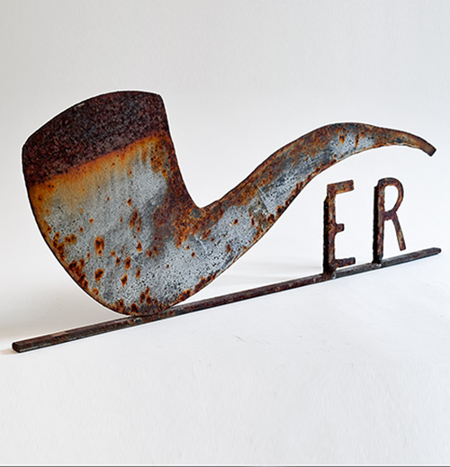 antique folk art sheet metal trade sign for a pipers pipemaking shop