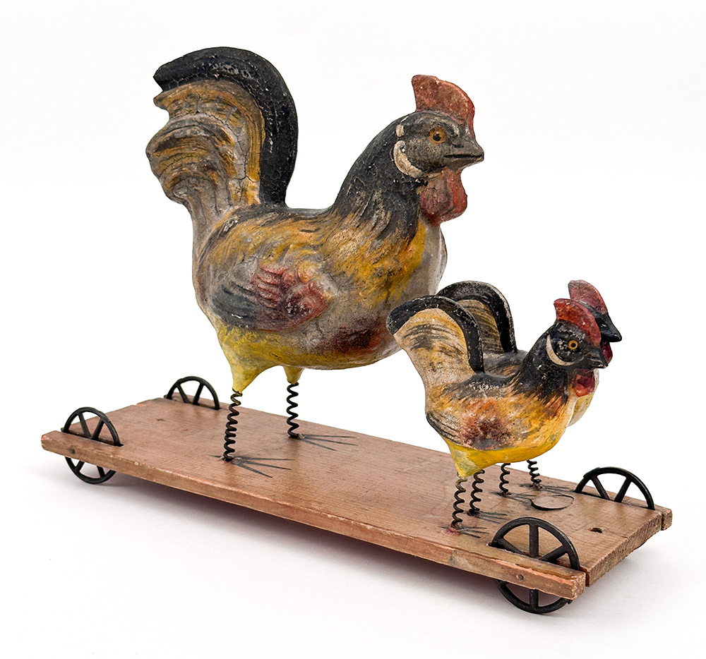 antique 3 roosters on wooden base with cast iron wheels pull toy 