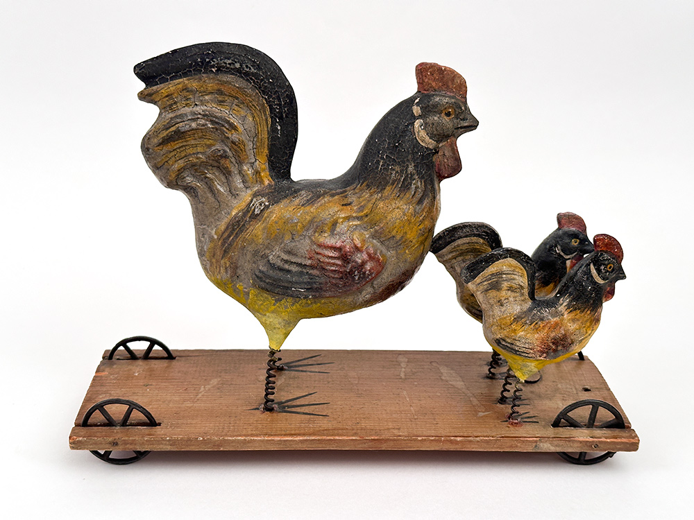 antique 3 roosters on wooden base with cast iron wheels pull toy 