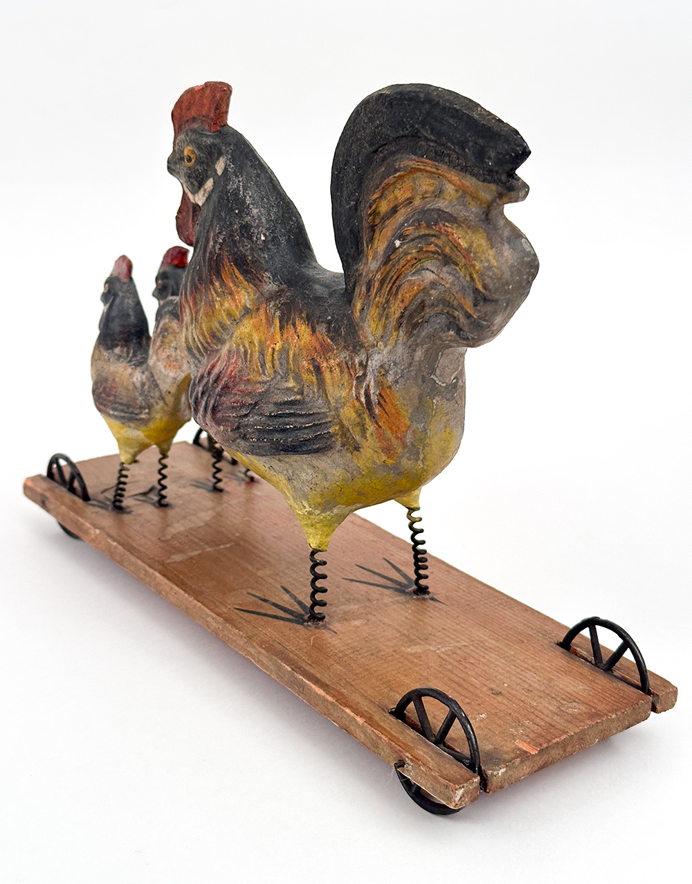 antique 3 roosters on wooden base with cast iron wheels pull toy 