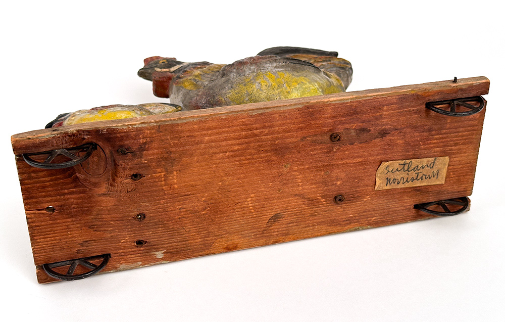 antique 3 roosters on wooden base with cast iron wheels pull toy 