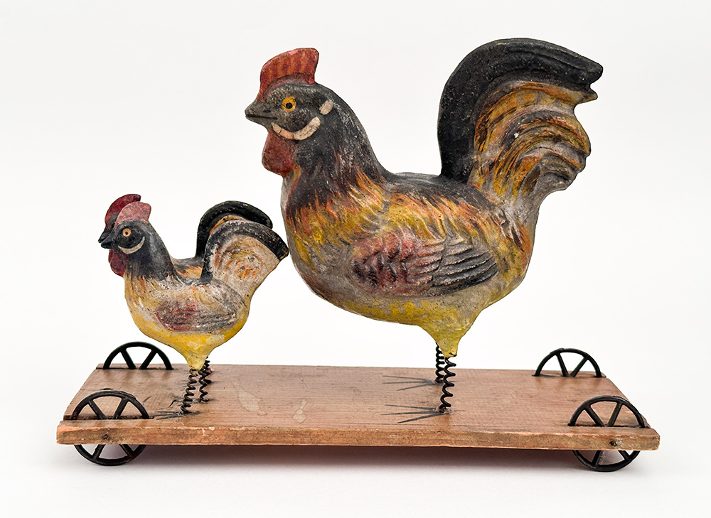 antique 3 roosters on wooden base with cast iron wheels pull toy 