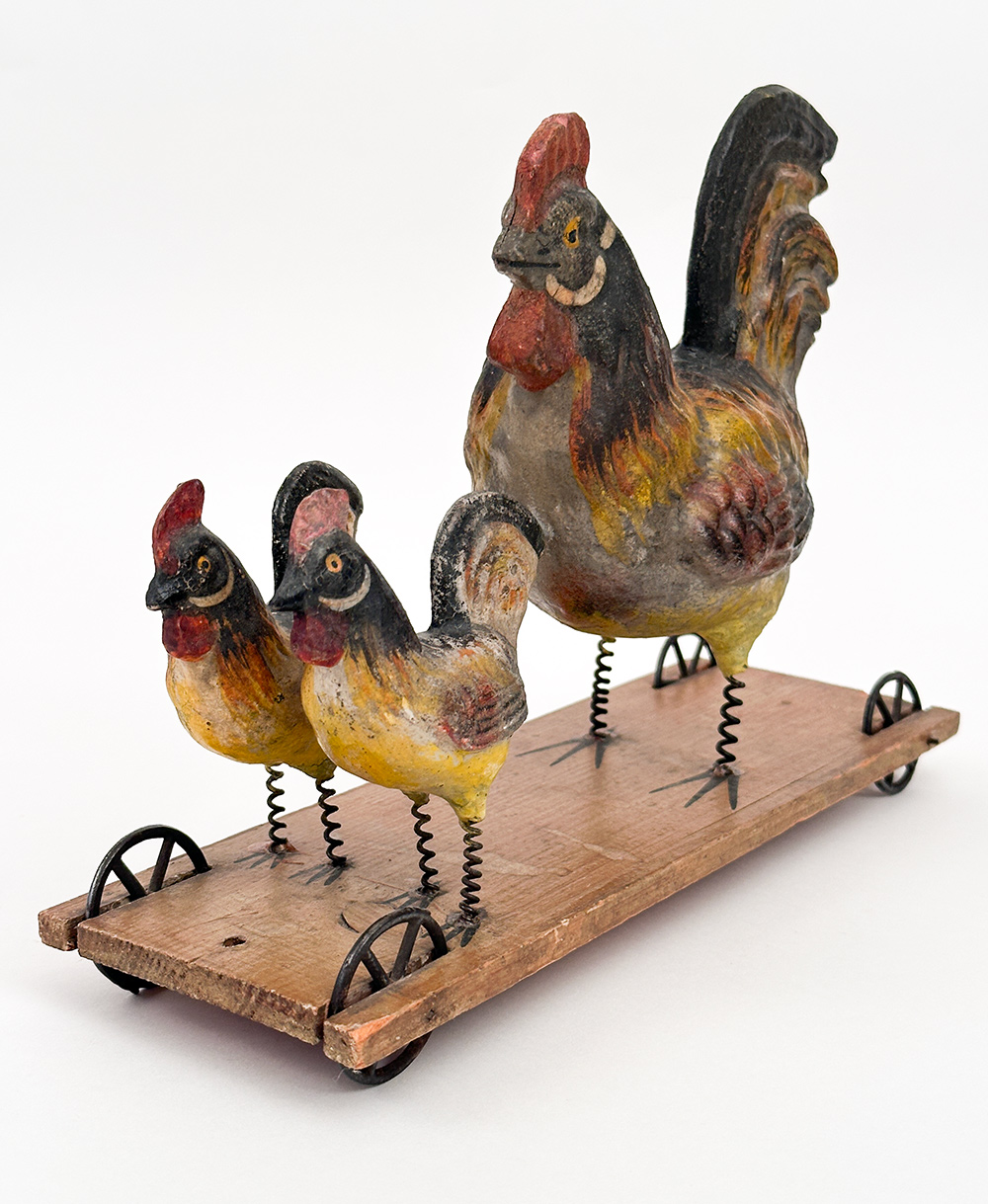 antique 3 roosters on wooden base with cast iron wheels pull toy 