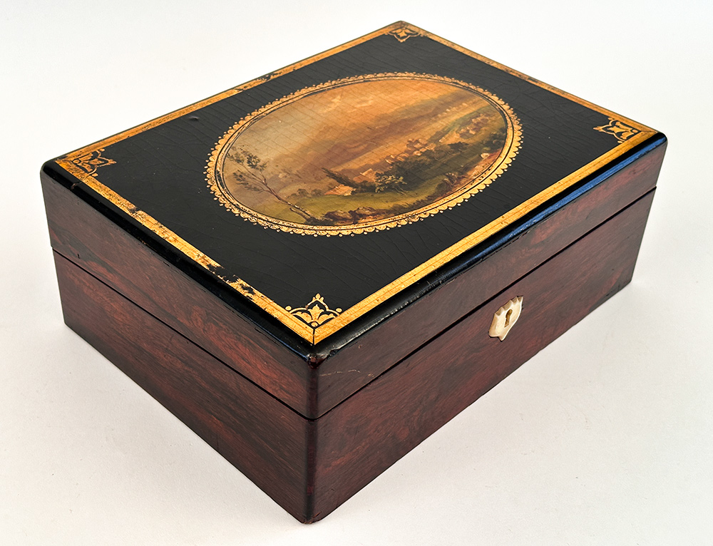 early american rosewood lap desk decorated with hudson river valley oil painting
