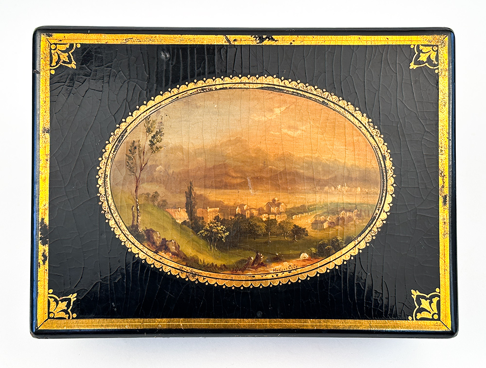 early american rosewood lap desk decorated with hudson river valley oil painting