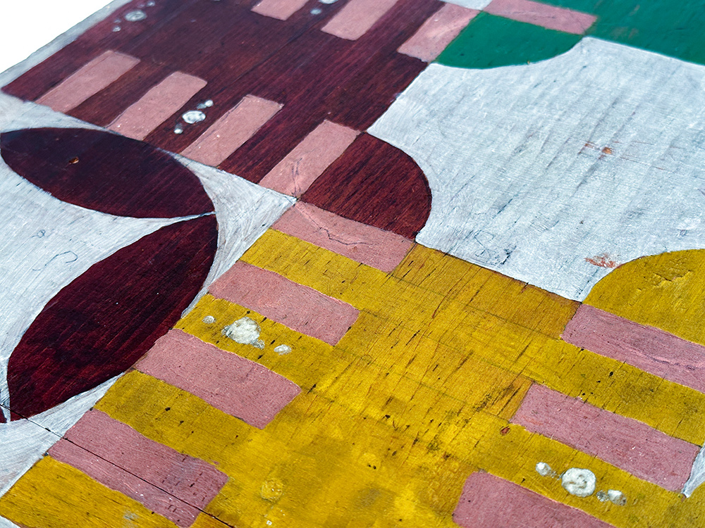 original 6 color paint decorated antique wooden  parcheesi gameboard 