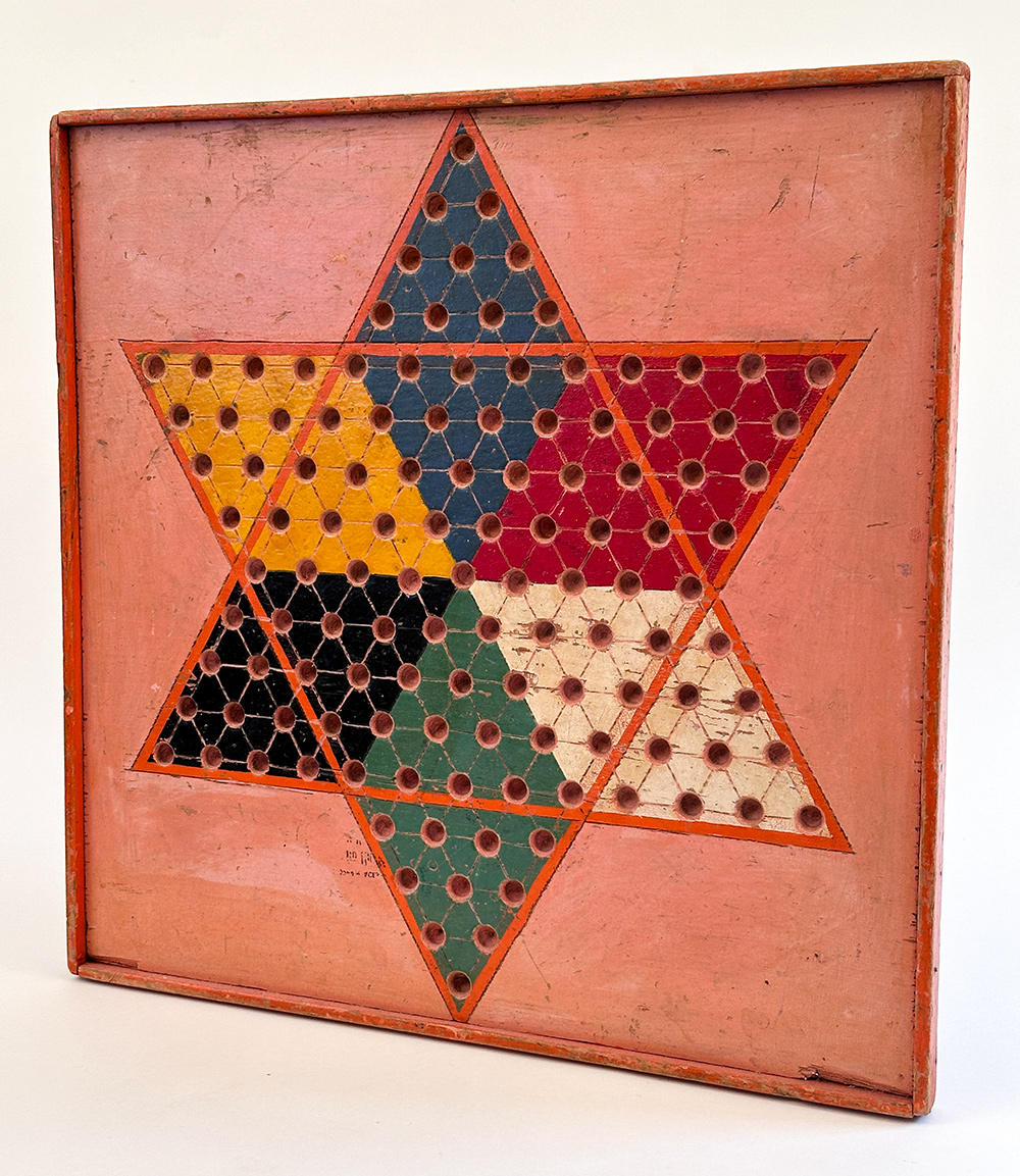  antique american folk art paint decorated chinese checkers gameboard 