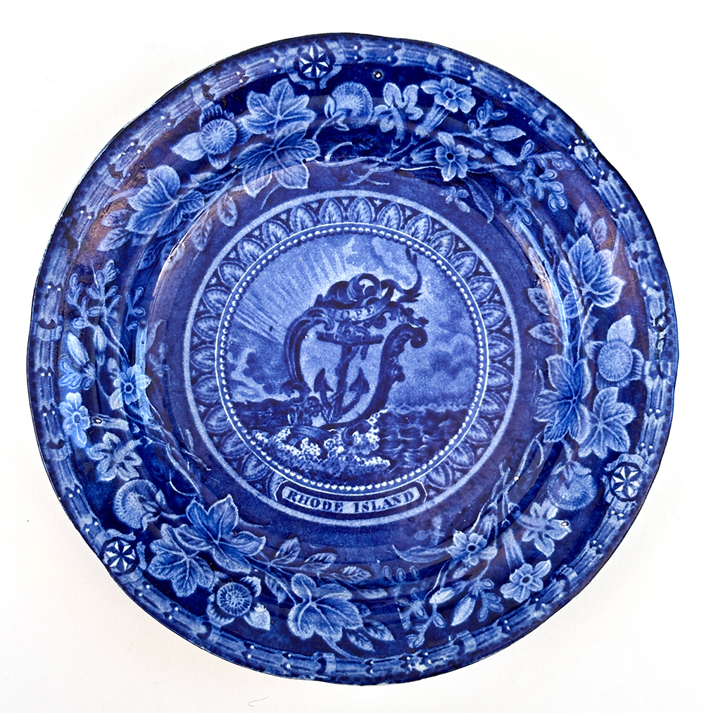 thomas mayer arms of the state of rhode island dark blue transferware plate