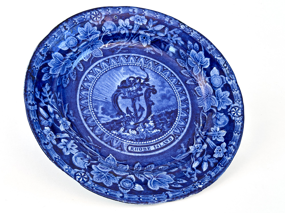 thomas mayer arms of the state of rhode island dark blue transferware plate