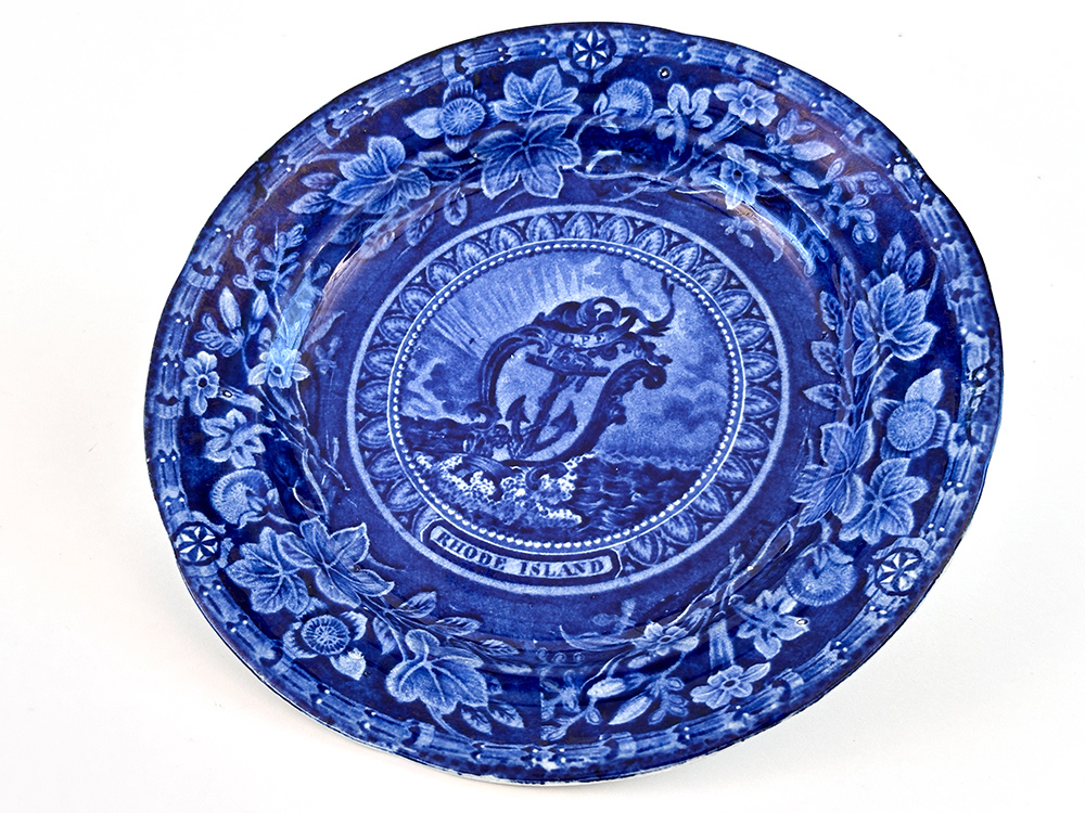 thomas mayer arms of the state of rhode island dark blue transferware plate