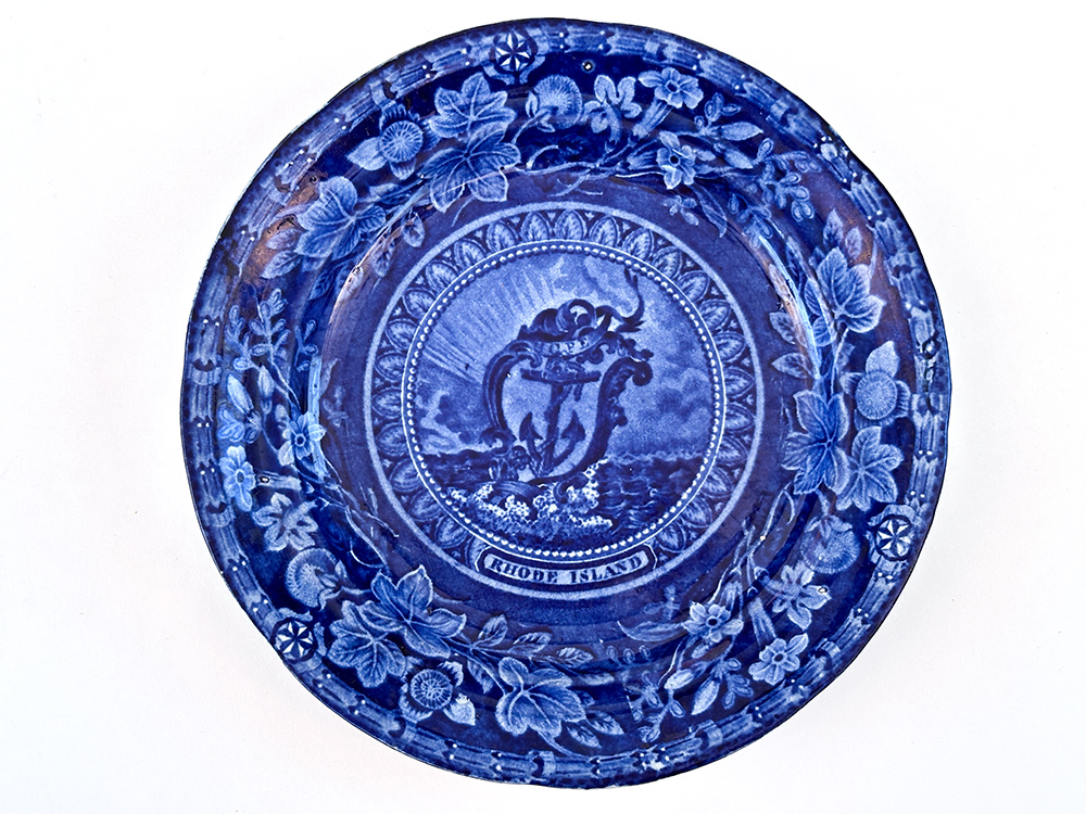 thomas mayer arms of the state of rhode island dark blue transferware plate