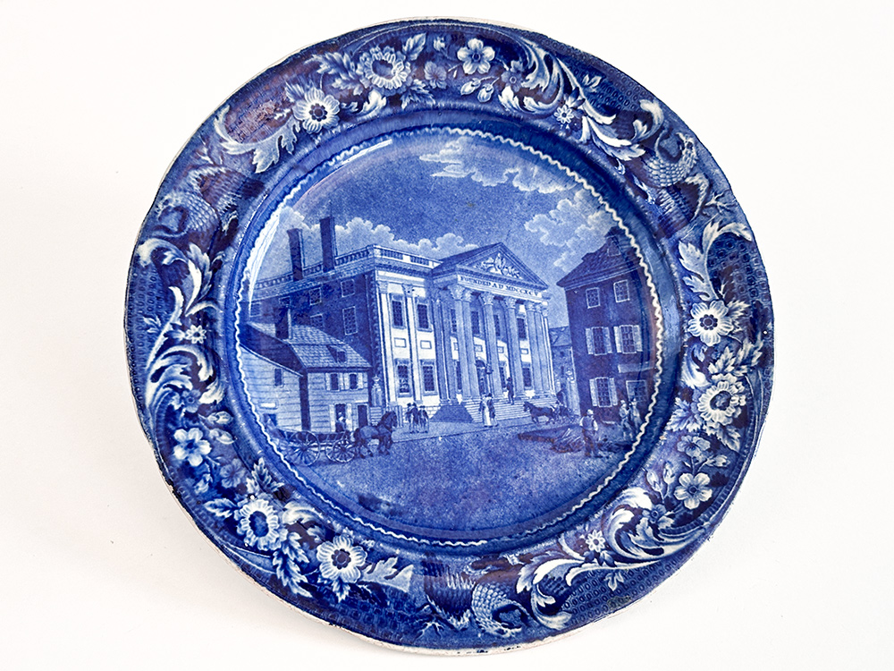 bank of the united states philadelphia eagle border joseph stubbs  medium blue historical staffordshire dinner plate