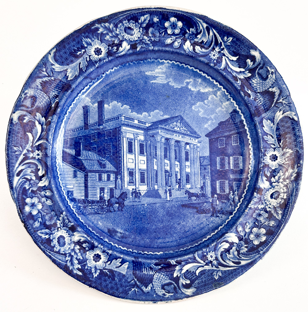 bank of the united states philadelphia eagle border joseph stubbs  medium blue historical staffordshire dinner plate