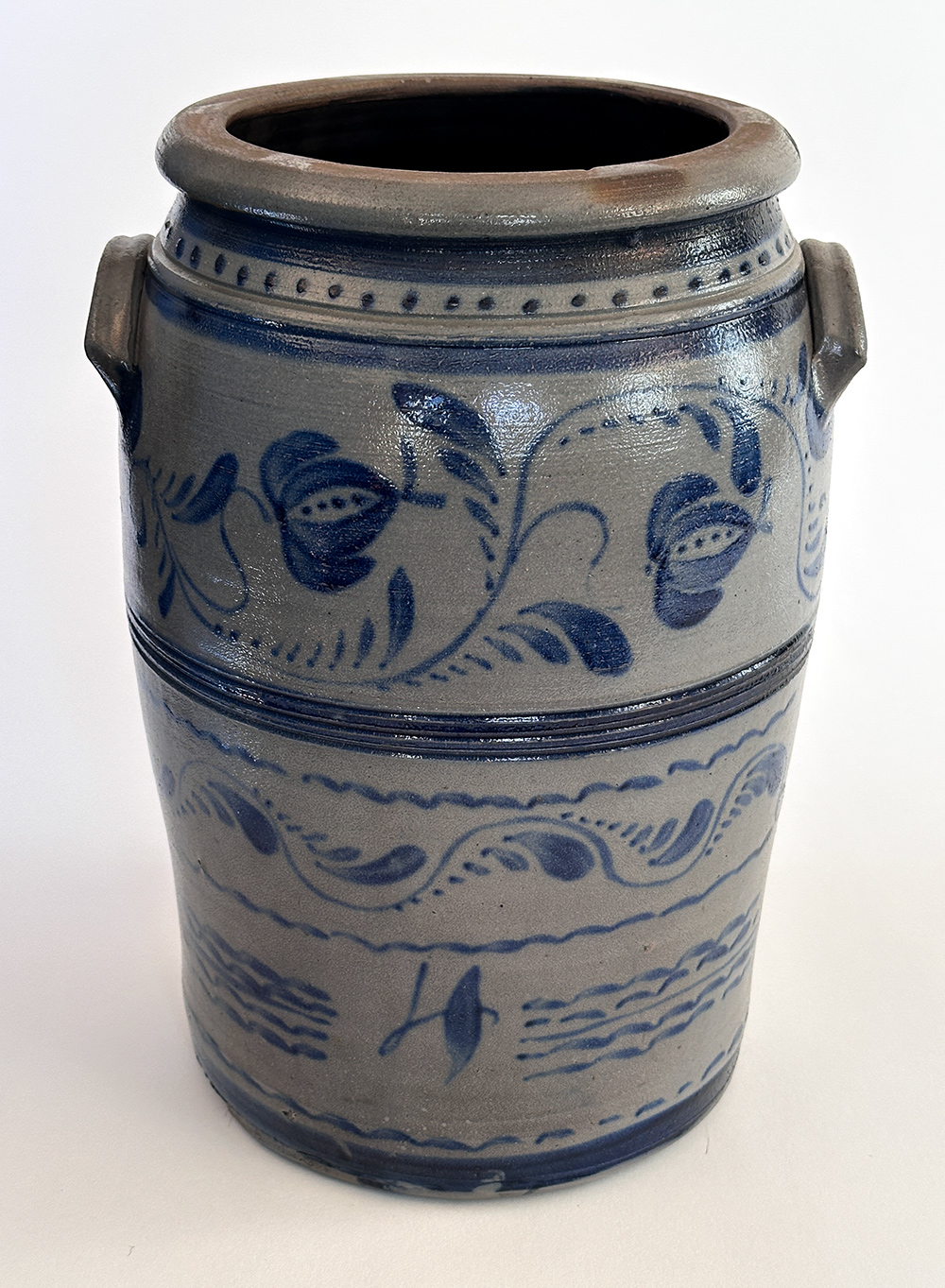 cobalt blue decorated pennsylvania antique stoneware storage jar