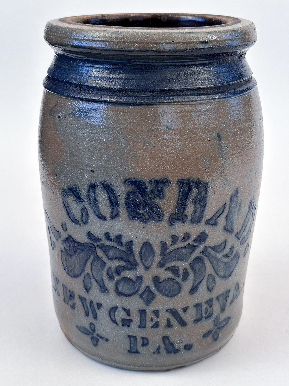 cobalt decorated stoneware storage jar alexander conrad new geneva pennsylvania fayette county