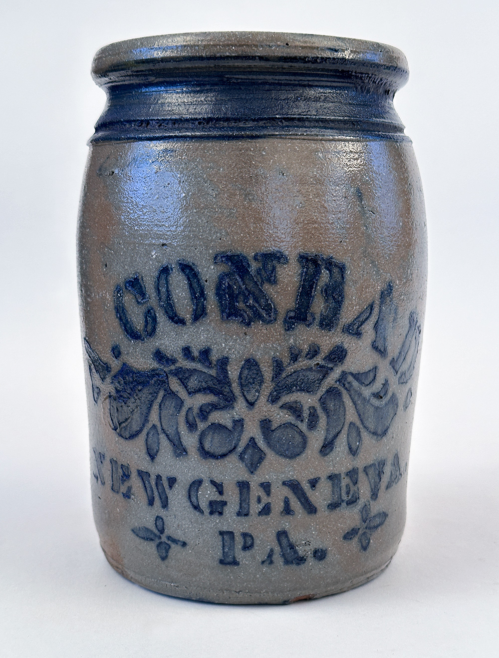 cobalt decorated stoneware storage jar alexander conrad new geneva pennsylvania fayette county