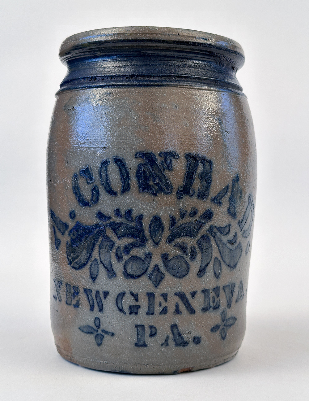 cobalt decorated stoneware storage jar alexander conrad new geneva pennsylvania fayette county