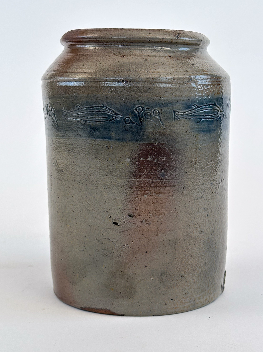 1820s branch green stoneware crock with incised fish