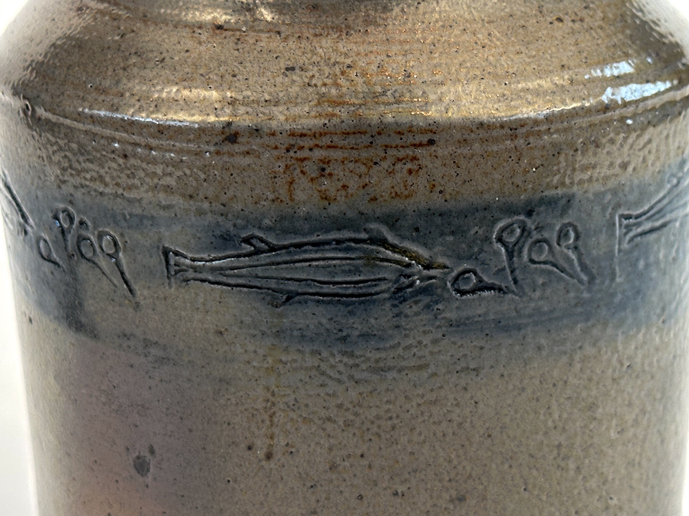 1820s branch green stoneware crock with incised fish