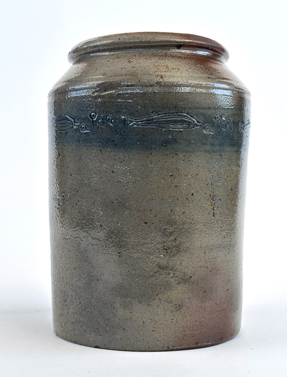 1820s branch green stoneware crock with incised fish