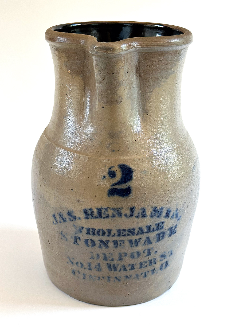 james benjamin cincinnati ohio cobalt decorated stoneware pitcher