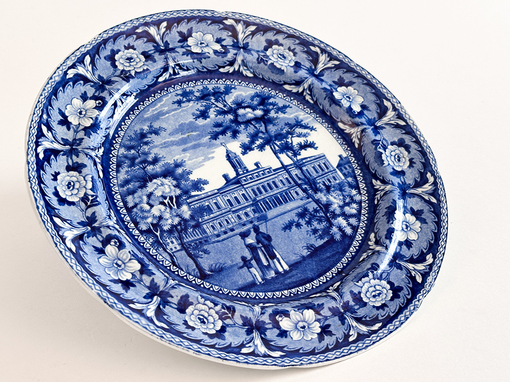 Beauties of America City Hall New York J and W Ridgway 8 Dark Blue Historical Staffordshire Plate For Sale