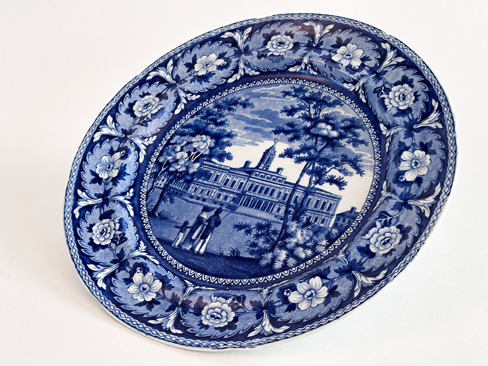 Beauties of America City Hall New York J and W Ridgway 8 Dark Blue Historical Staffordshire Plate For Sale