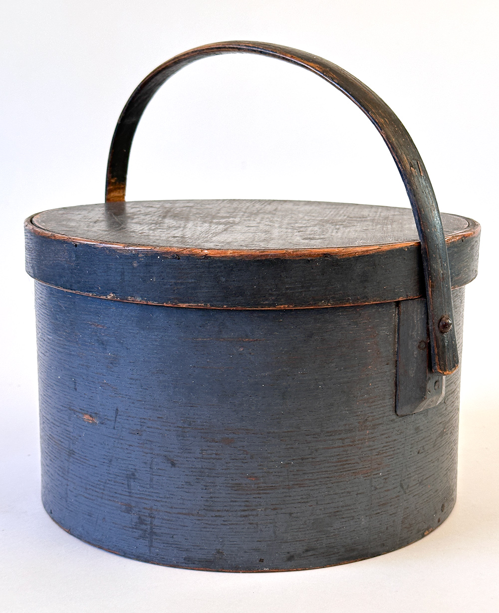 antique bail handled pantry box in original blue paint