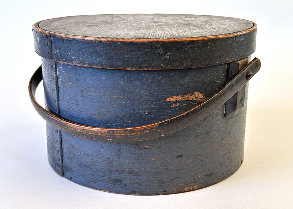 antique bail handled pantry box in original blue paint