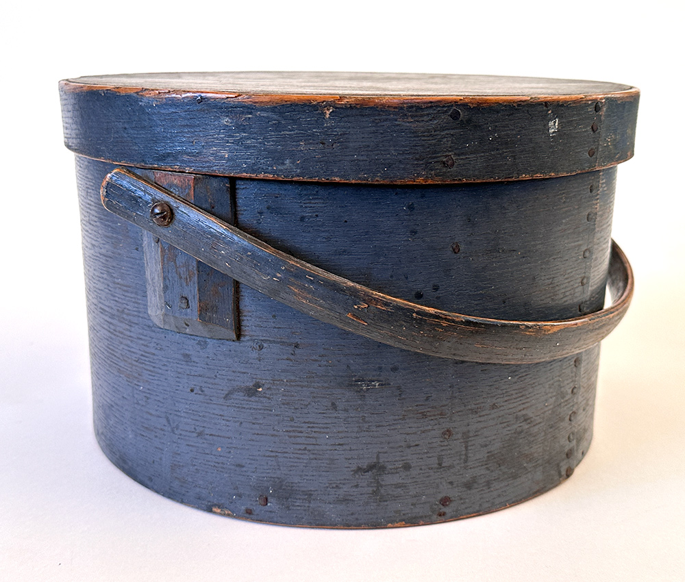 antique bail handled pantry box in original blue paint