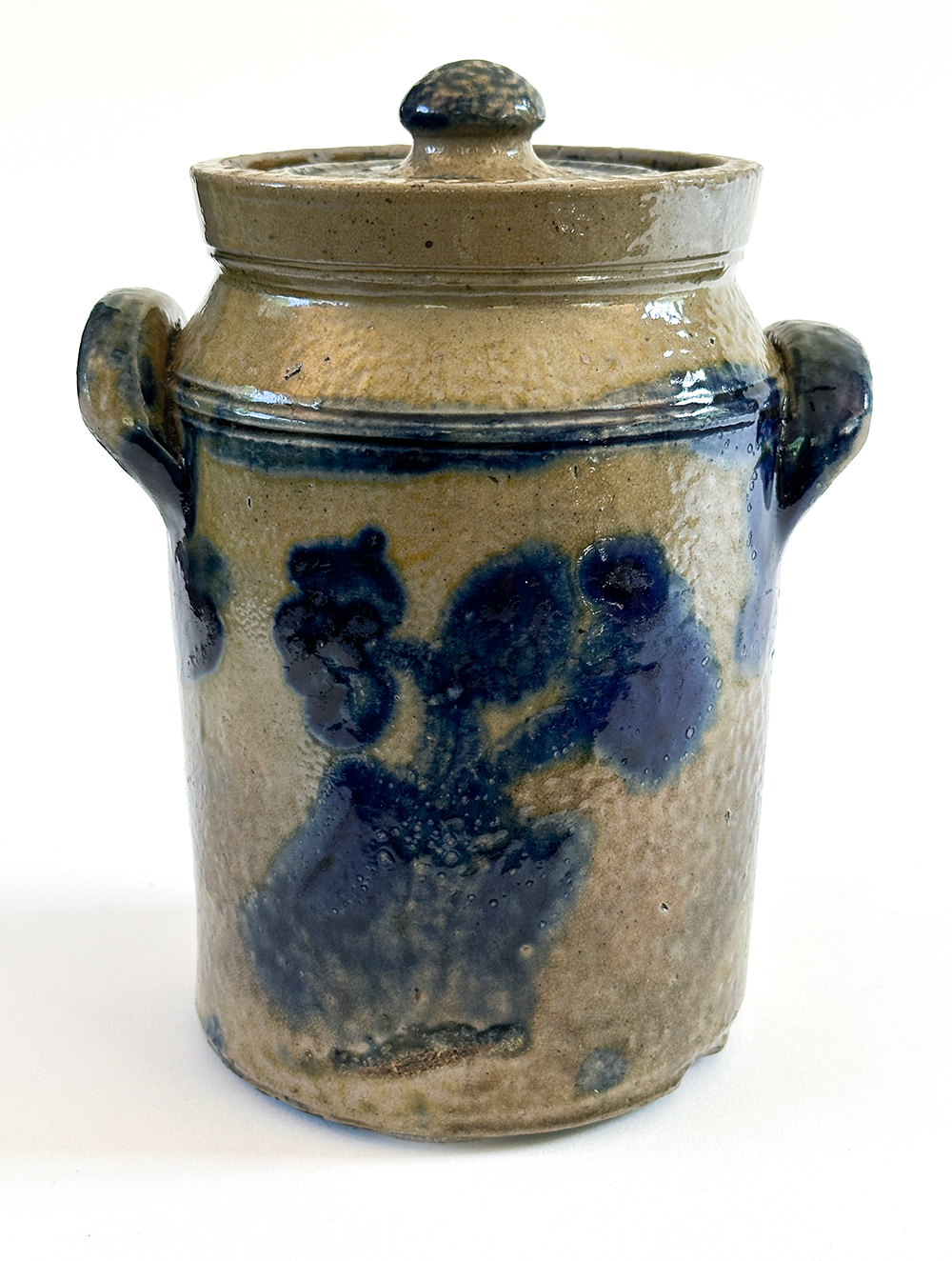 diminutive blue decorated lidded stoneware storage jar mid atlantic origin
