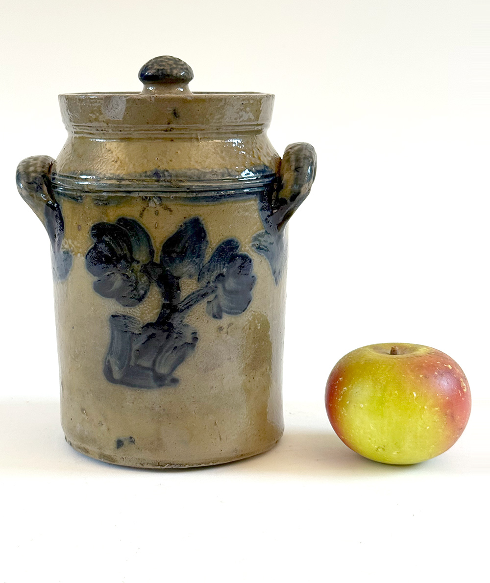 diminutive blue decorated lidded stoneware storage jar mid atlantic origin