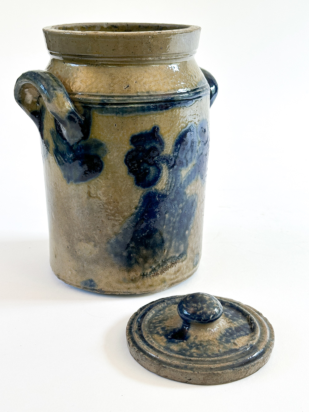 diminutive blue decorated lidded stoneware storage jar mid atlantic origin
