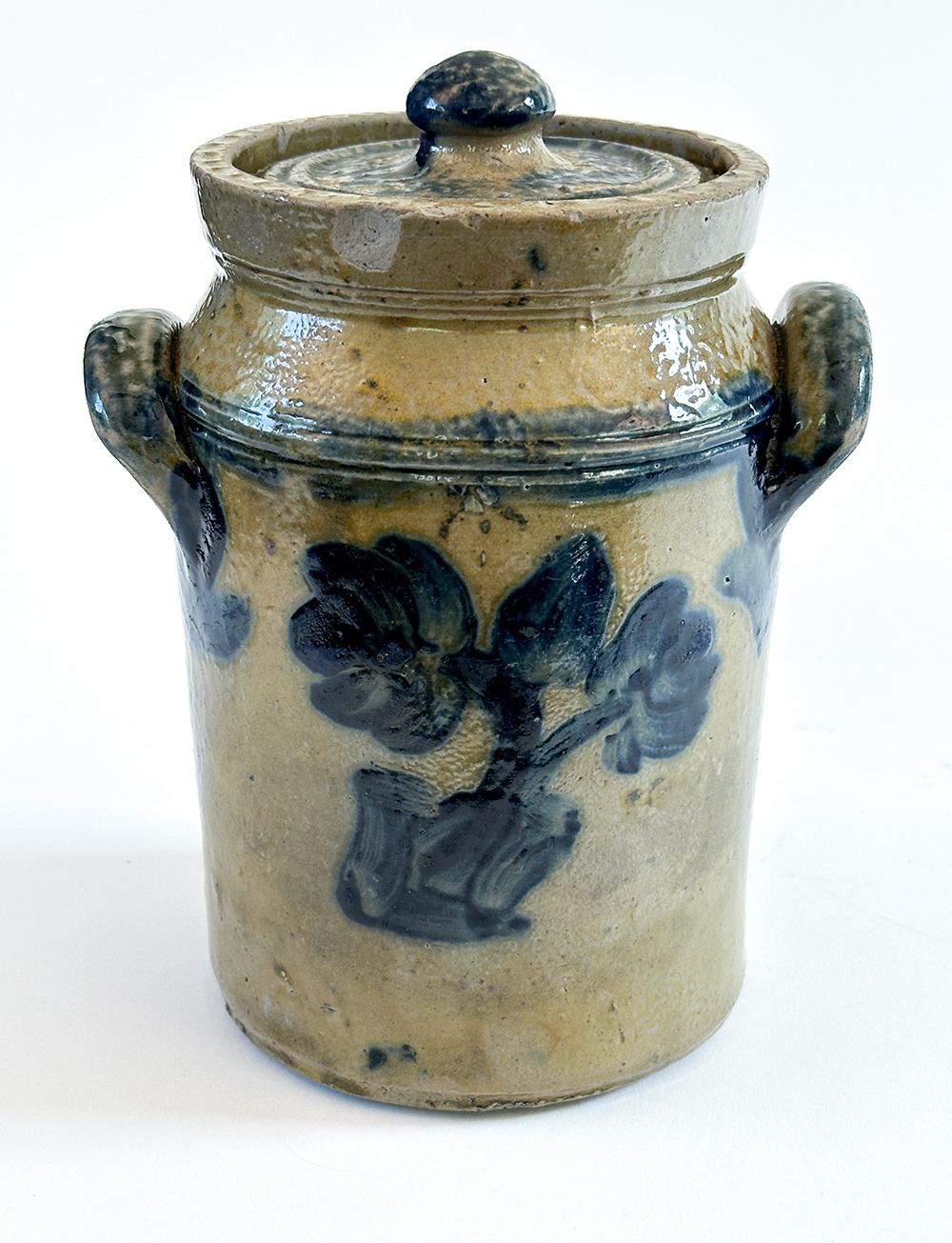 diminutive blue decorated lidded stoneware storage jar mid atlantic origin