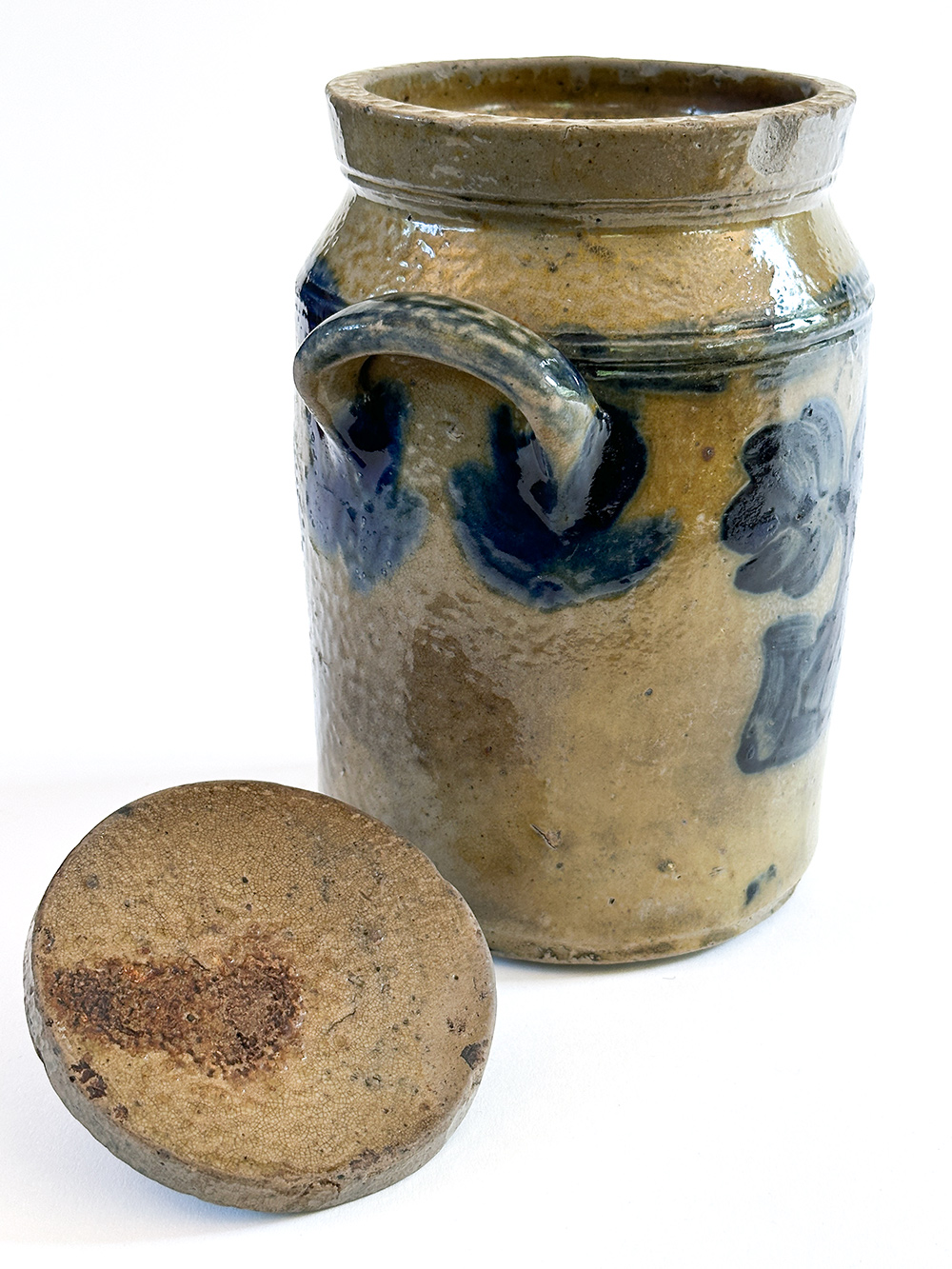 diminutive blue decorated lidded stoneware storage jar mid atlantic origin
