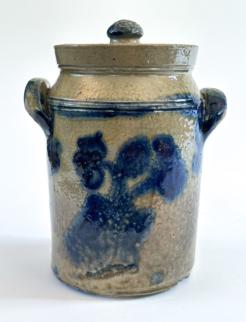 diminutive blue decorated lidded stoneware storage jar mid atlantic origin