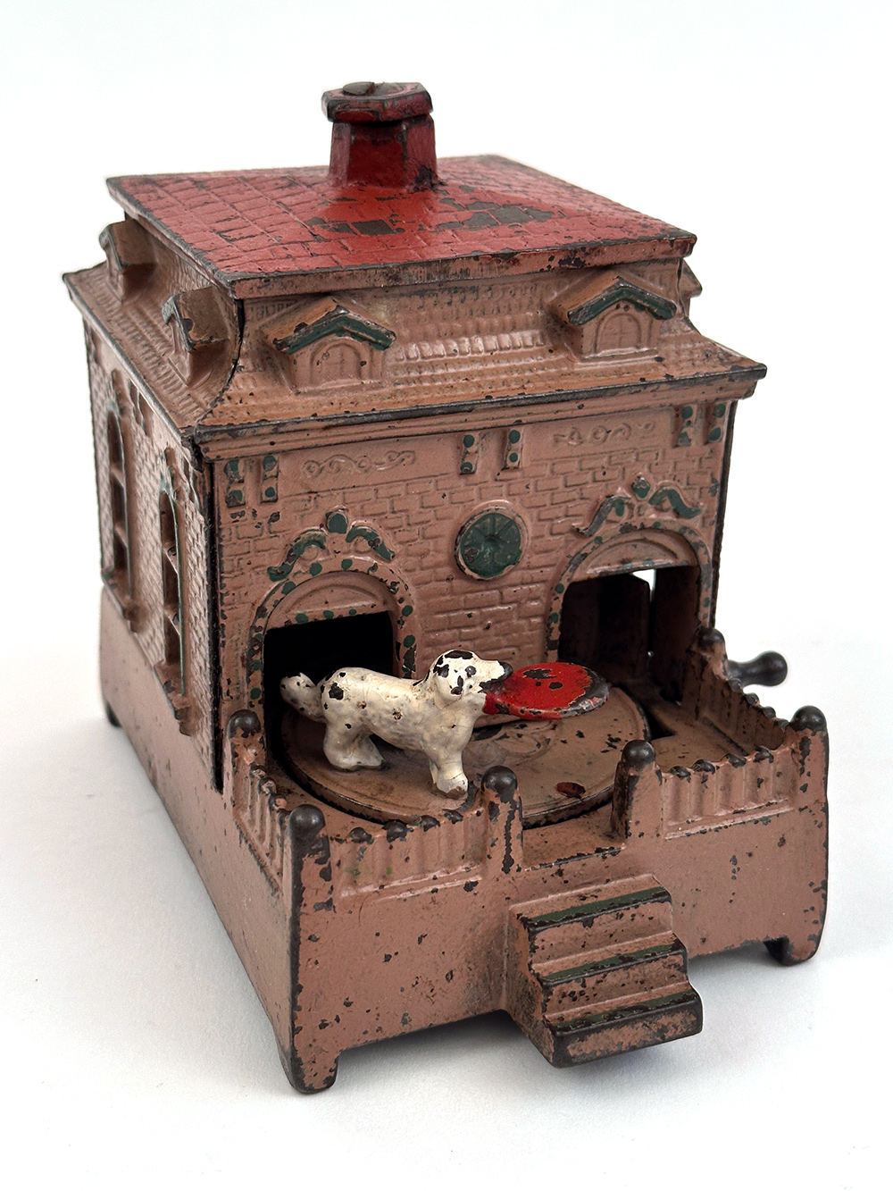 original cast iron dog on turntable mechanical bank