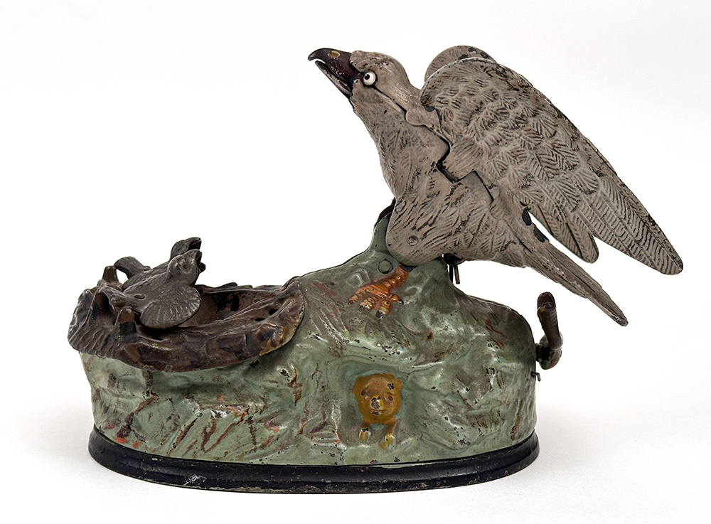 stevens eagle and eaglets cast iron mechanical bank