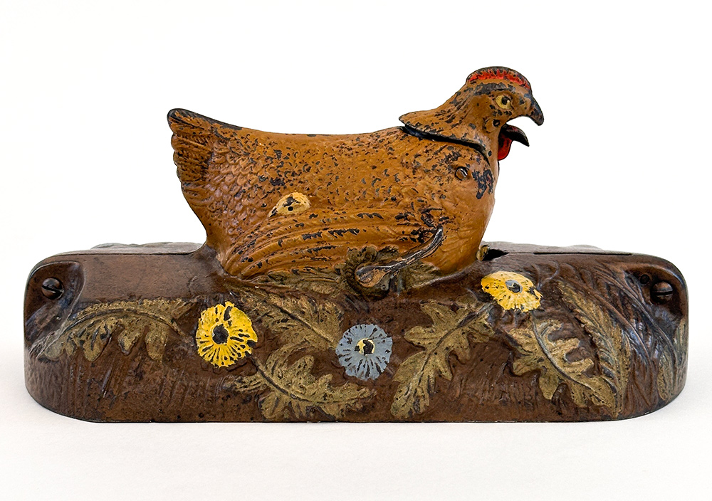 rare hen and chick cast iron mechanical bank