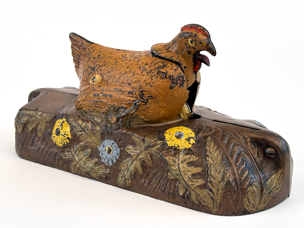 rare hen and chick cast iron mechanical bank