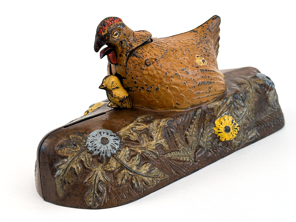 rare hen and chick cast iron mechanical bank