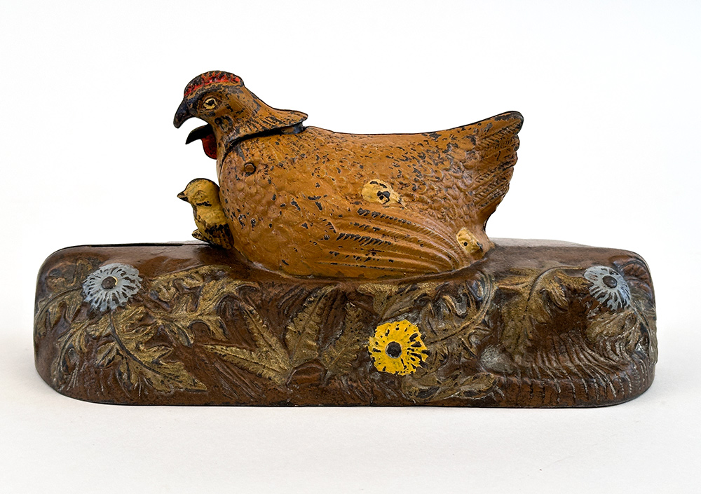 rare hen and chick cast iron mechanical bank