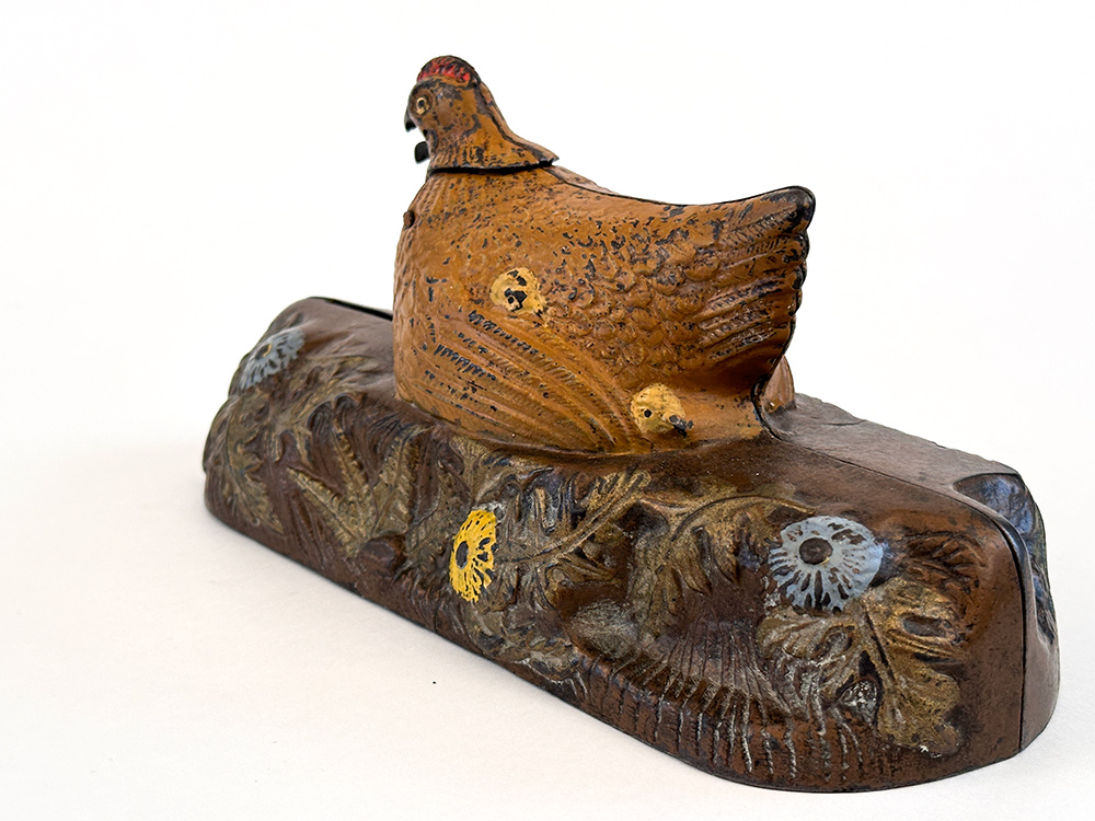 rare hen and chick cast iron mechanical bank