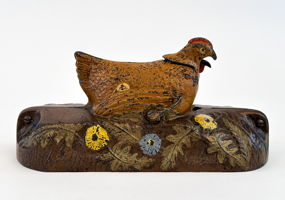 rare hen and chick cast iron mechanical bank