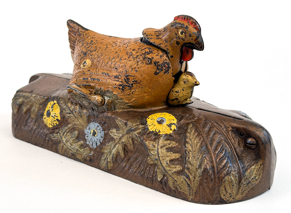 rare hen and chick cast iron mechanical bank