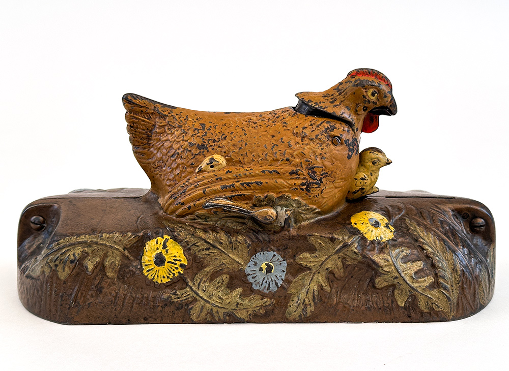 rare hen and chick cast iron mechanical bank