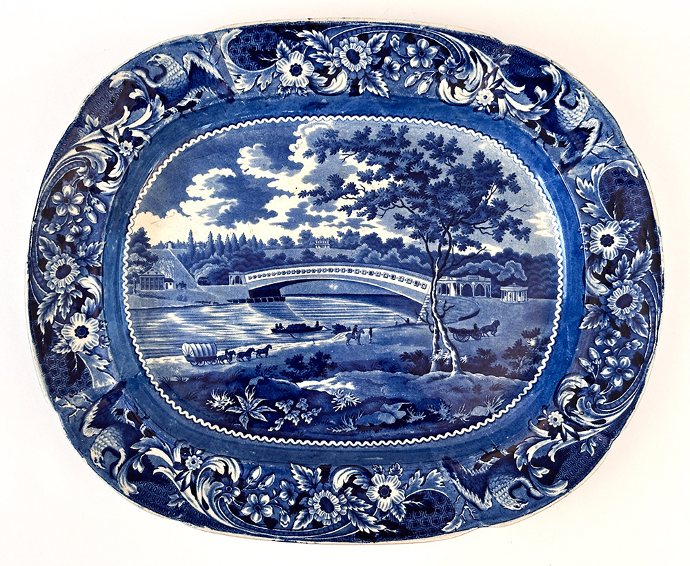 Upper Bridge Over the River Schuylkill eagle border joseph stubbs  medium blue historical staffordshire platter