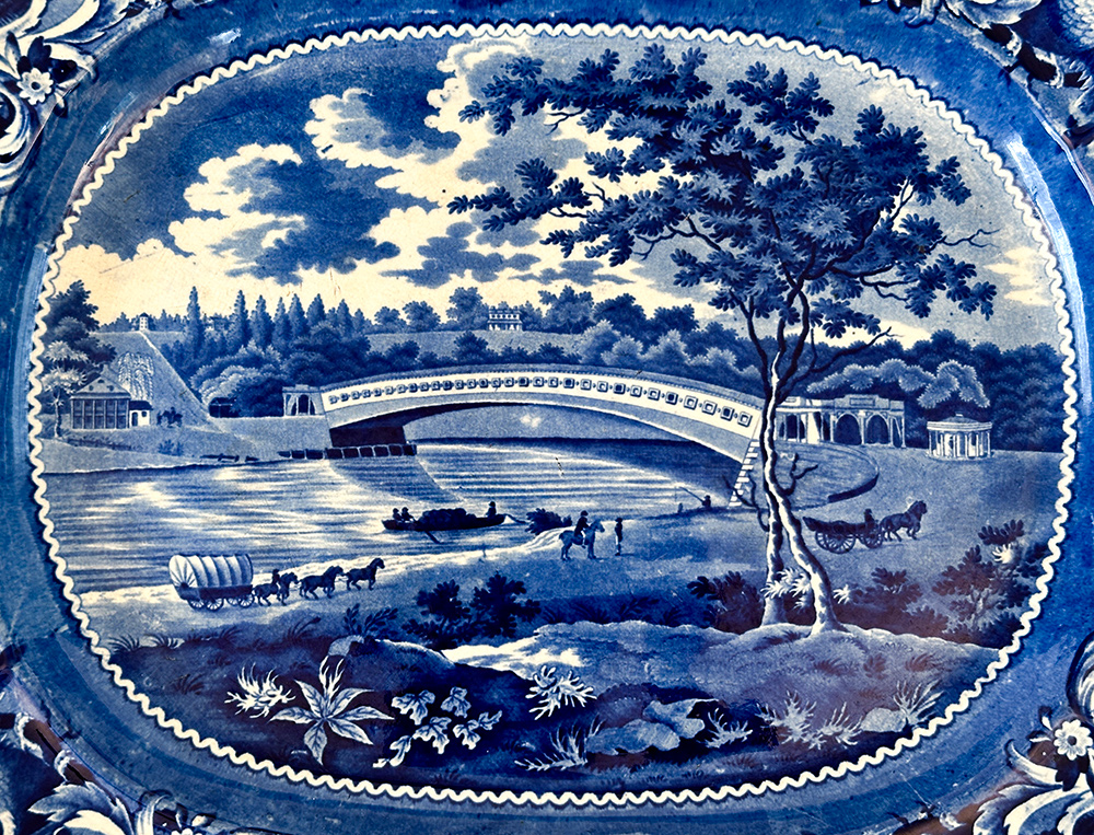 Upper Bridge Over the River Schuylkill eagle border joseph stubbs  medium blue historical staffordshire platter