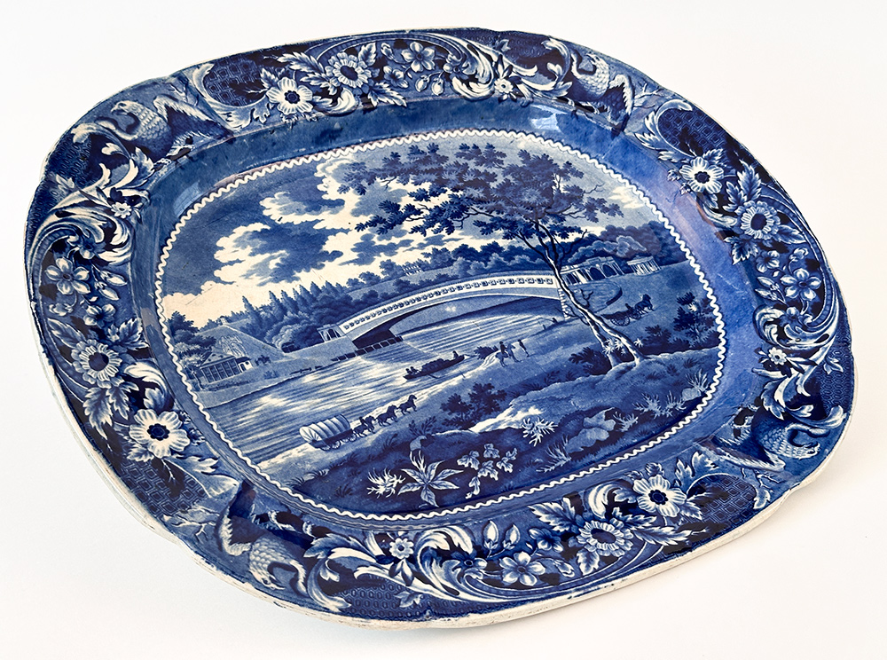 Upper Bridge Over the River Schuylkill eagle border joseph stubbs  medium blue historical staffordshire platter