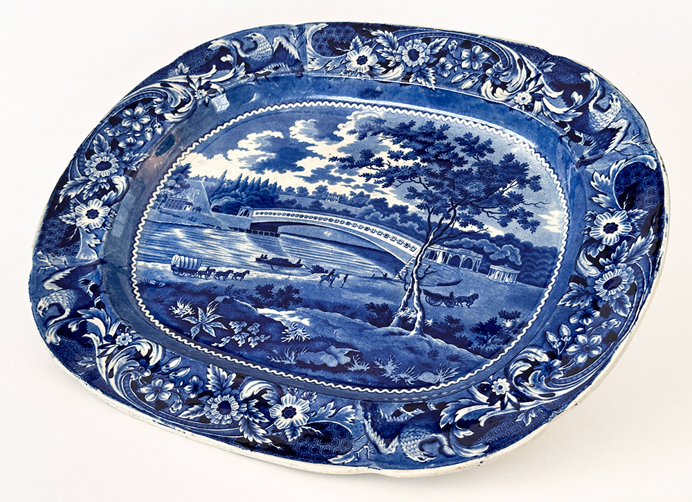 Upper Bridge Over the River Schuylkill eagle border joseph stubbs  medium blue historical staffordshire platter